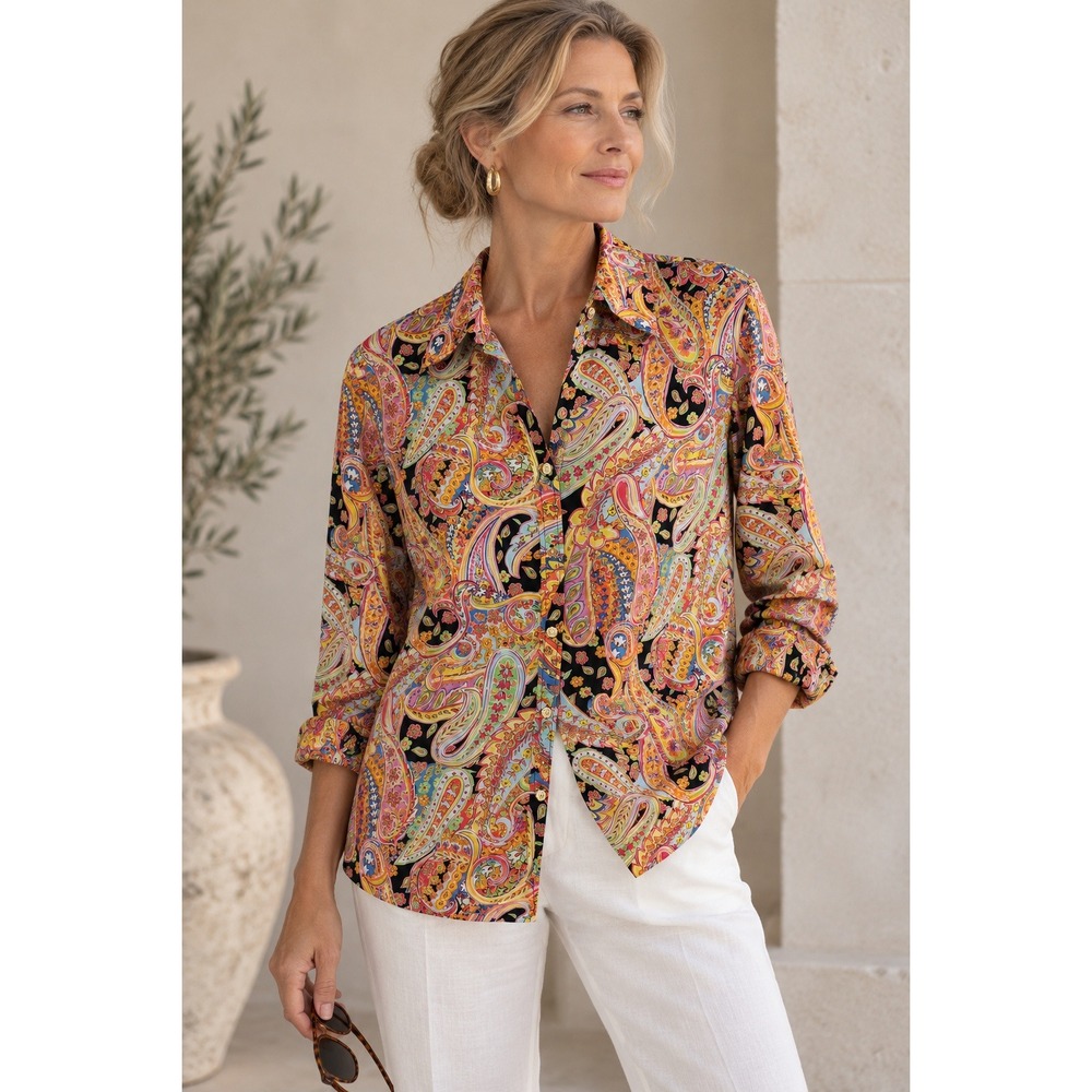 Chaps Button Front Shirt Womens 1X Multicolor Paisley Cotton Colorful Vibrant